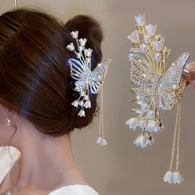 Borboleta Flor Borboleta Rhinestone Pérola Tassel High-End Feel Grande Grampo de Cabeça de Costas