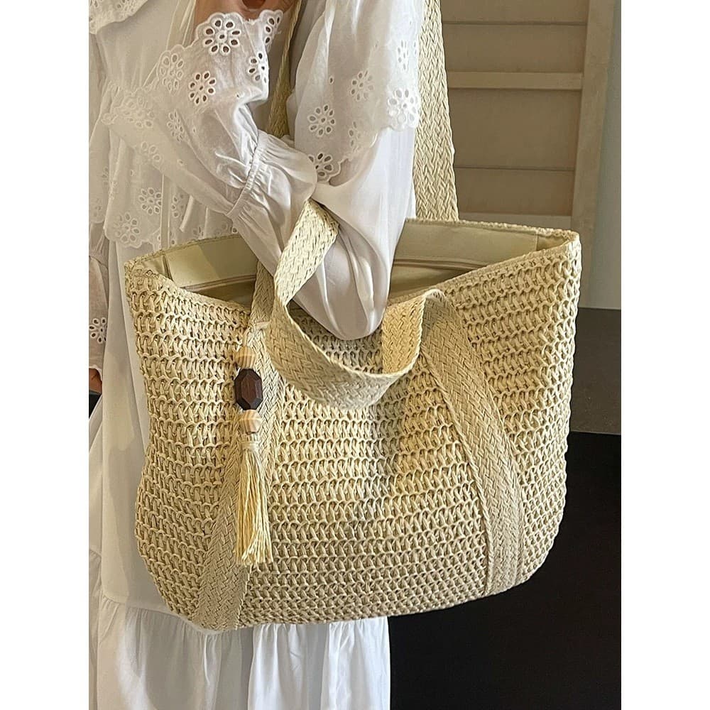 olsa da Palha Verão Grande Capacidade Tote Bolsa Feminina Bolsa de Ombro Feita à Mão Fresca Rural Portátil Grama Tecida