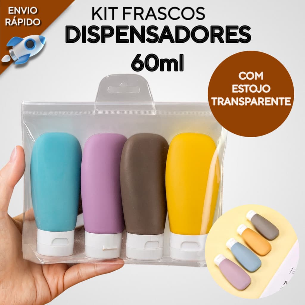 Kit 4 Frascos 60ML Plástico Com Estojo Transparente Útil Para Viagens Dispensador