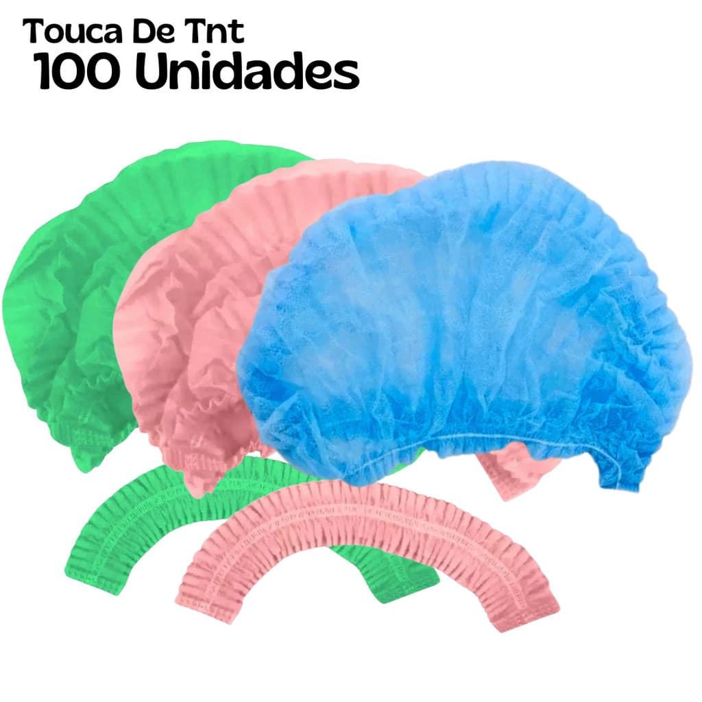 Touca Descartável 100 unidades TNT Preta, Rosa ou Verde Sanfonada C/Elástico Tam. Único