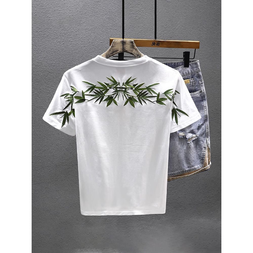 Verão Street wear estilo chinês Design sentido bambu bordado de manga curta camiseta masculina nicho casal usar camiseta