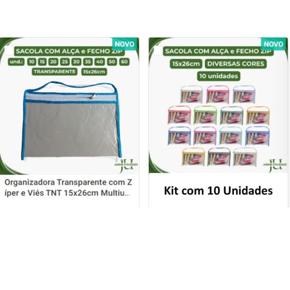 Organizadora Transparente c/Zíper e Viés TNT 15x26cm tipo Necessaire Sacolinhas p/Lembrancinhas Kit 10 a 60 unidades 684