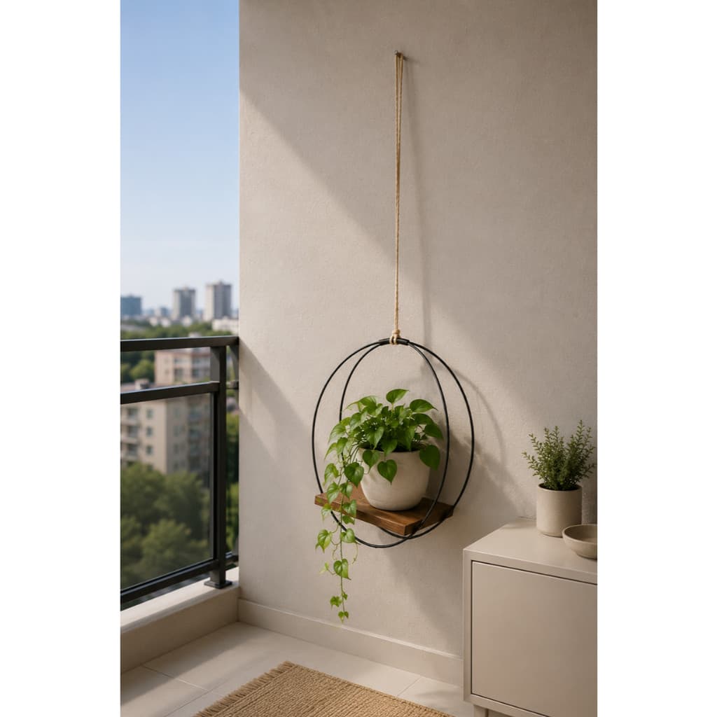 Suporte Suspenso Aro Redondo para Vasos Órbita em Metal e Madeira Decoração Boho e Moderna Circular 45cm