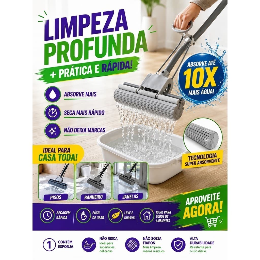 Rodo Mop Esponja PVA Com Cabo De Metal Epóxi – Alta Absorção | Uso Seco E Molhado