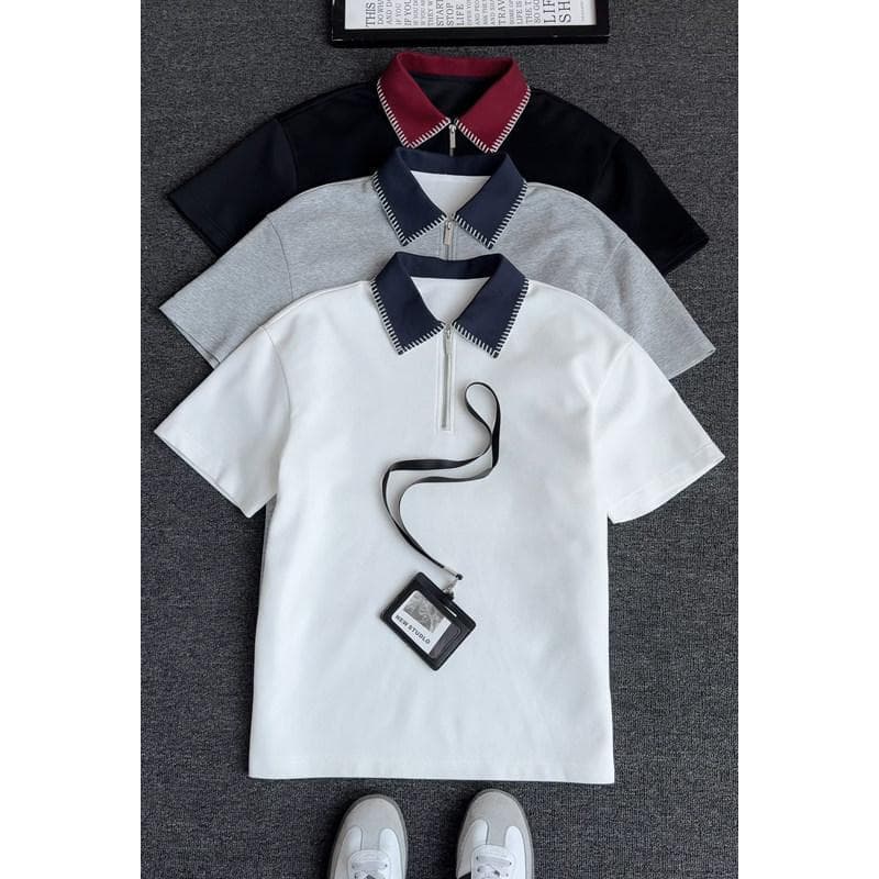 Camisa POLO americana de manga curta com meio zíper, camiseta masculina de verão, cor contrastante, costurada à mão, alt