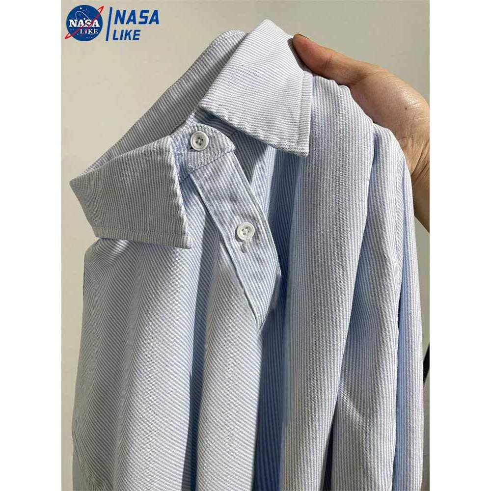 NASA Americano Pesado Azul Listrado Camisa de Manga Longa Homens Primavera Outono Solto bf Namorado Estilo Camisa Casual