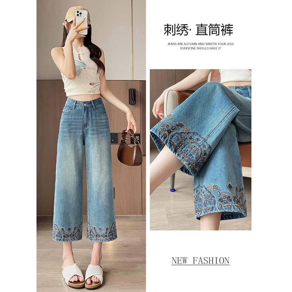 Calças bordadas rendas retas Jeans curto curto tornozelo comprimento calças femininas 2026 primavera novo estilo calças