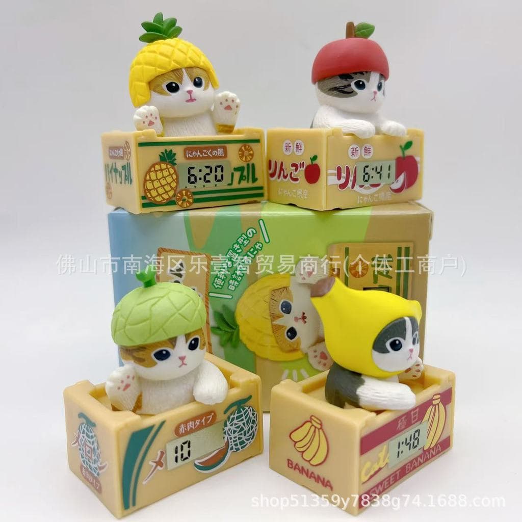 Novos brinquedos da moda em caixas surpresa: frutas, tubarão, gato, relógio de papelão, brinquedos gashapon, figuras de