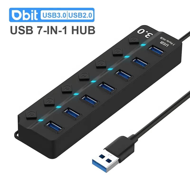 Hub USB DBIT 3.0/2.0, Divisor USB 7 em 1, Adaptador USB Multi-Hub com Interruptor Independente, Acessórios para Desktop