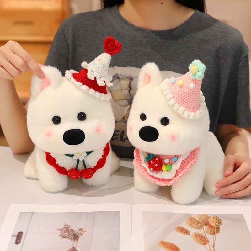 Chapéu De Aniversário West Highland White Terrier Dog Boneca De Pelúcia Fofa E Macia Brinquedo De Cachorrinho Abraçando