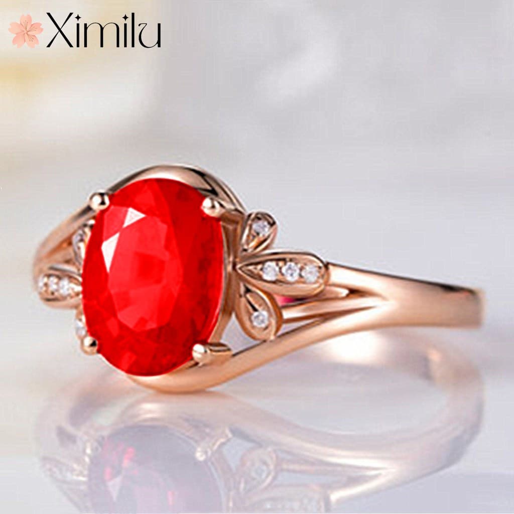 ❤ Moda requintada diamante vermelho rosa anel de ouro feminino temperamento presente de aniversário jóias