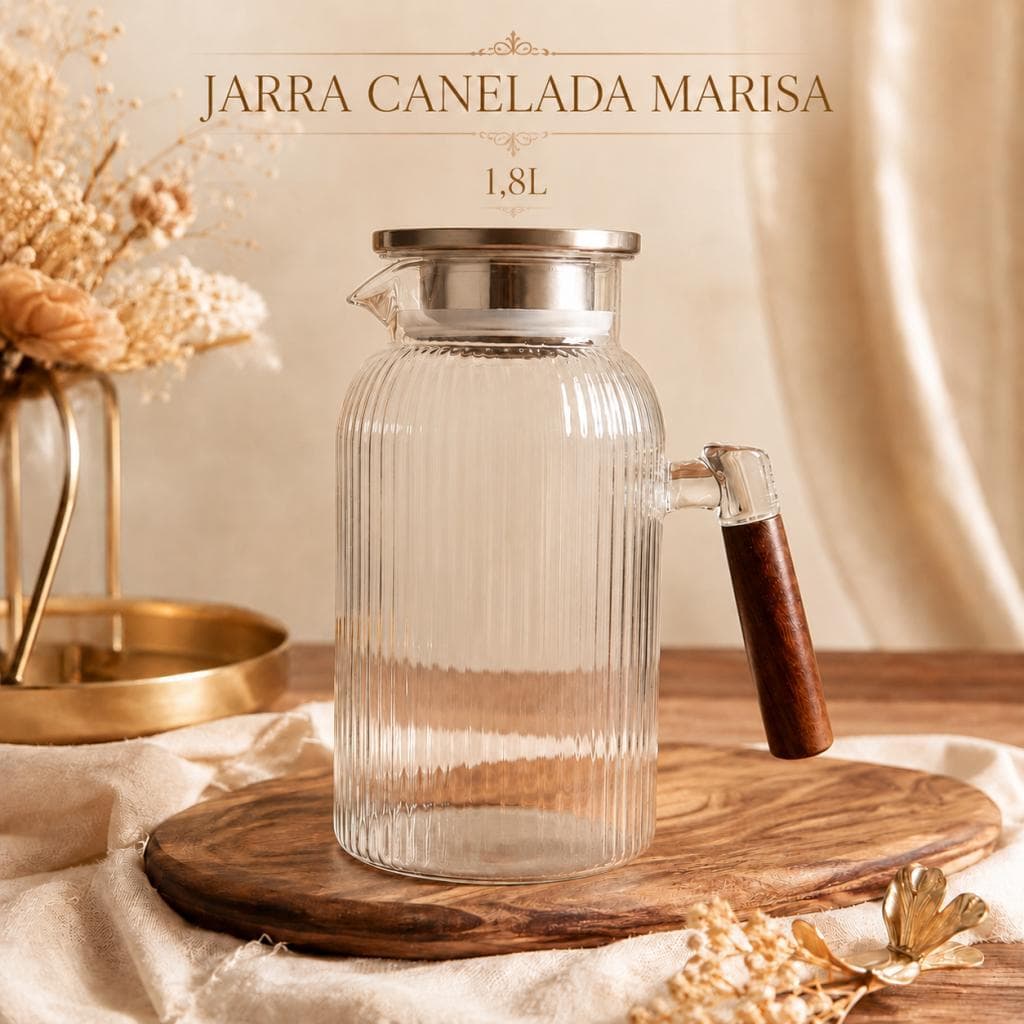 Jarra Vidro Canelado Boro 1,8L Tampa Inox Cabo Madeira Água Chá Suco Transparente Resistente