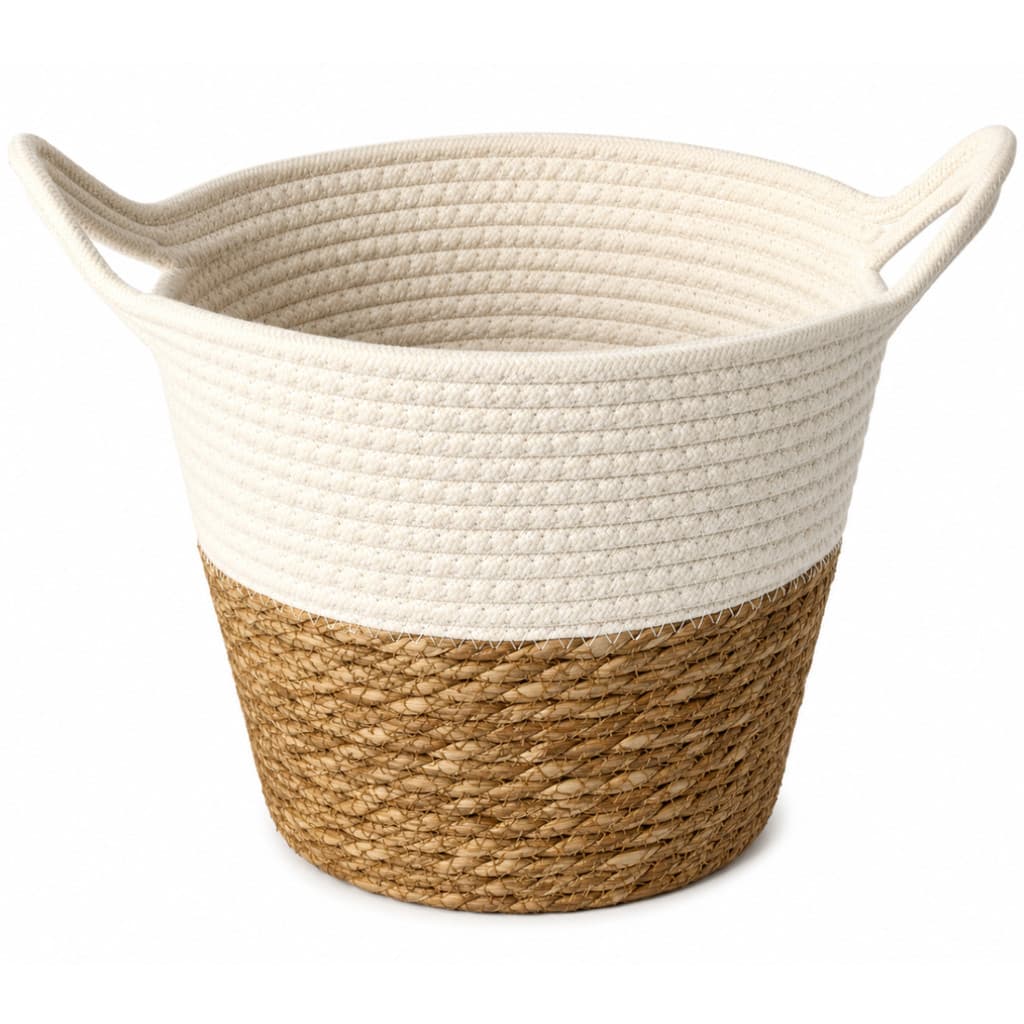 Cesto Organizador de Fibra Natural com Algodão Branco 26x22cm Cesto Decorativo Palha Roupas Lavanderia Sala Quarto Bebê