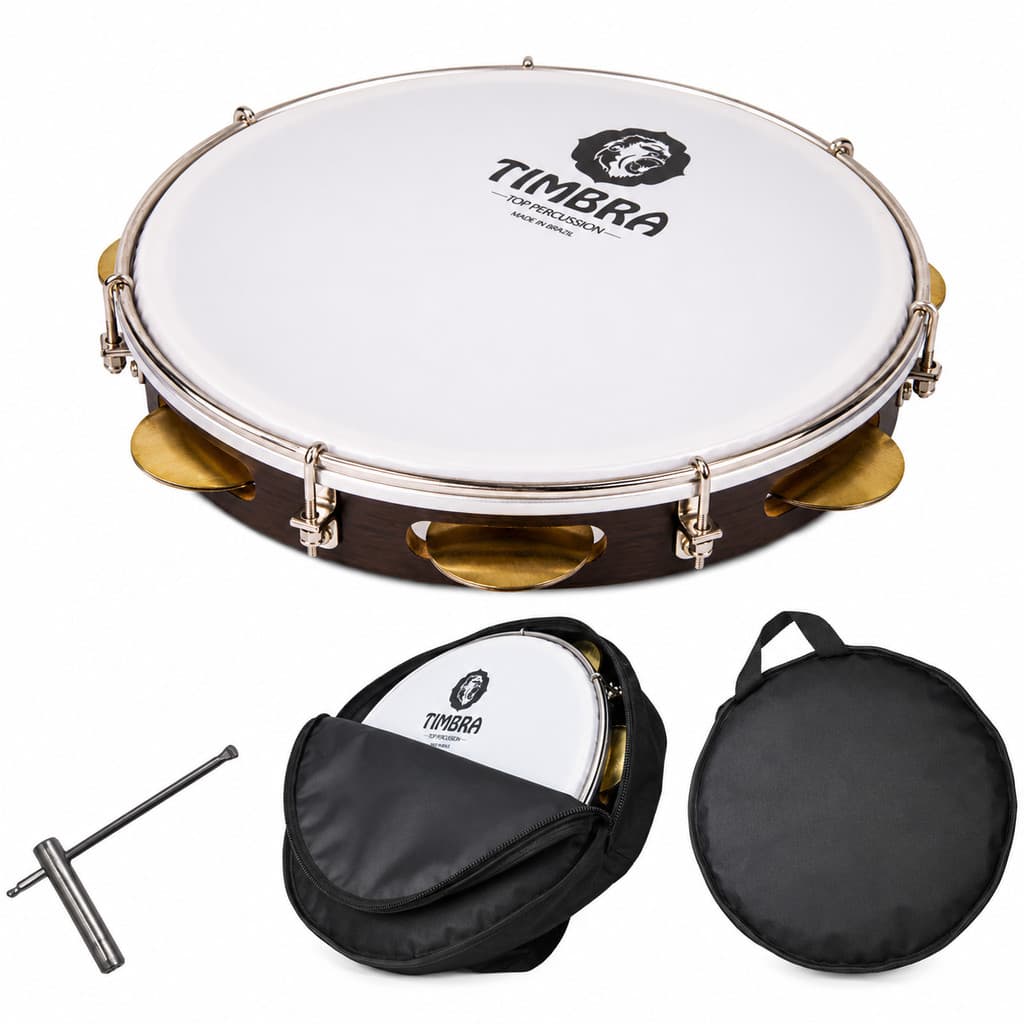 Pandeiro Profissional Timbra Chocolate 10 Polegadas Com Capa Pele Leitosa Percussão Samba Pagode
