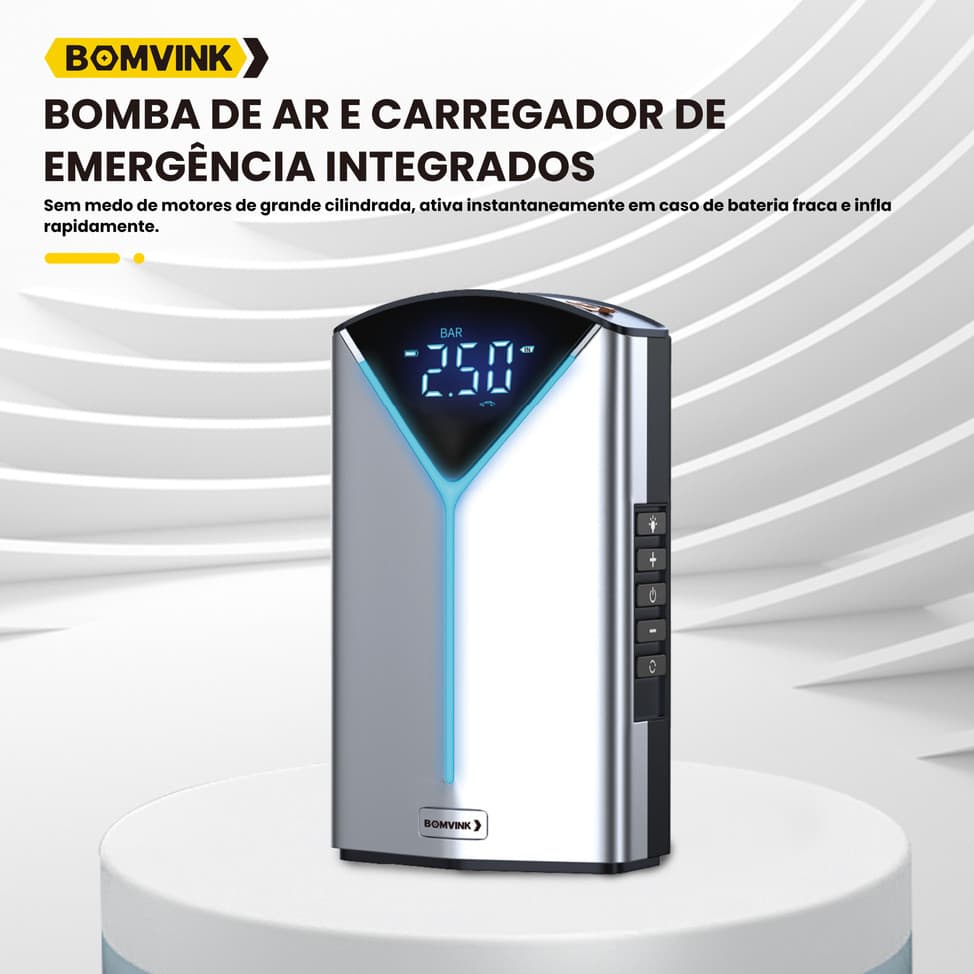 Auxiliar de Partida Veicular Bomvink BOM-8909 Compressor 150 PSI, Power Bank e Lanterna