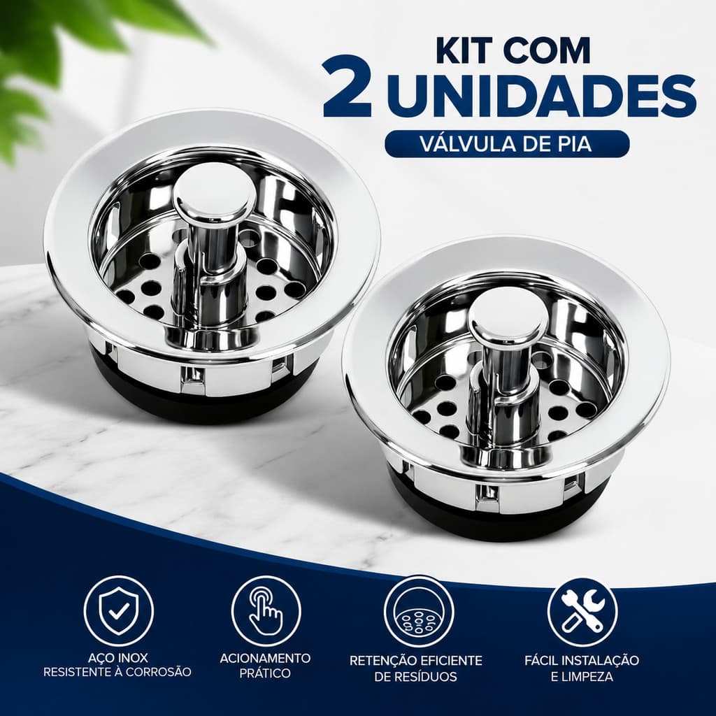 KIT 2 Ralo Pia Cozinha Cestinha 6cm Válvula Americana Cesto Cromado ABS