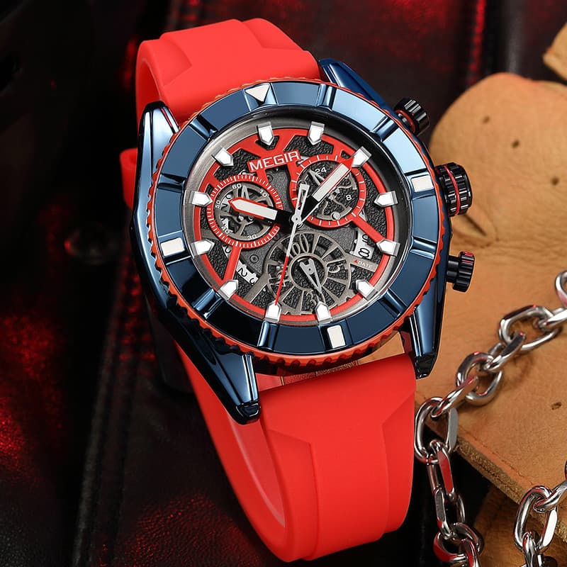 Megel MEGIR Relógio masculino multifuncional Fashion à prova d'água com fita de Silicone luminosa relógio esportivo 2209