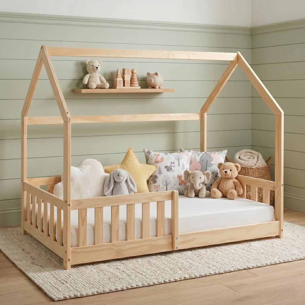 Cama Infantil Montessoriana de Madeira Maciça com Grade e Casinha Elmer Natural Bege/Marrom