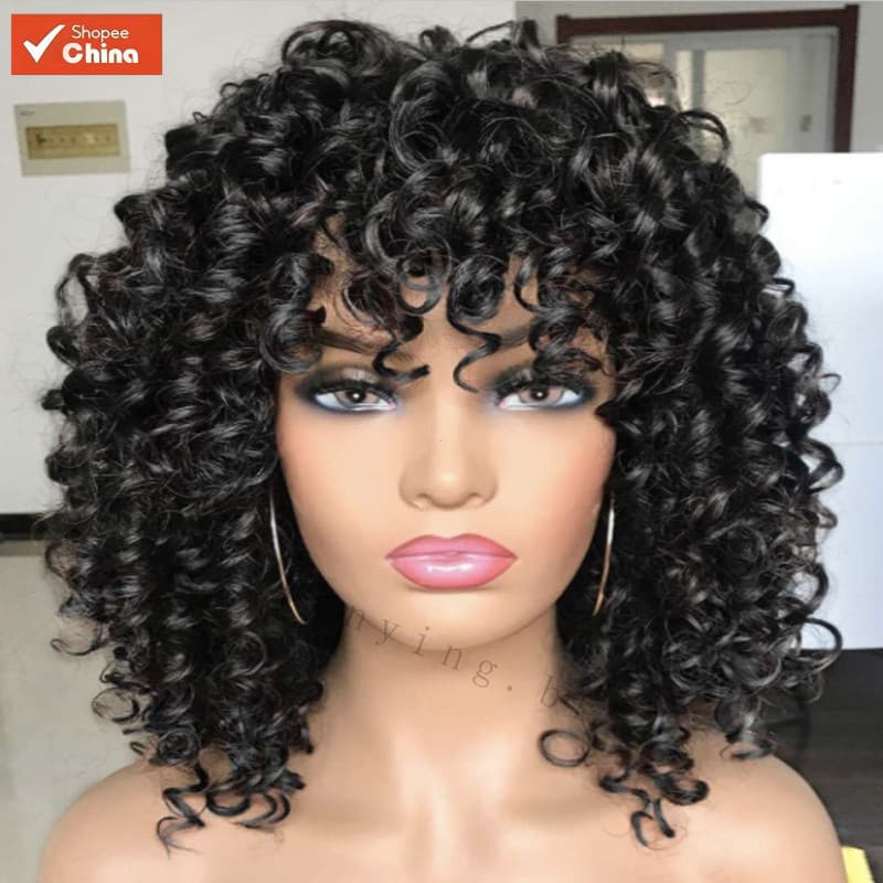Peruca Curta Cacheada Africana da Moda, Peruca de Cabelo Humano Cacheado Natural Orgânico C4RP