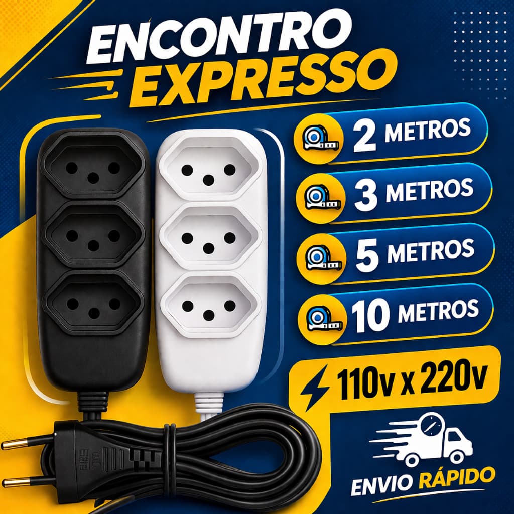 Extensão elétrica de 2, 3, 5 e 10 metros bivolt 110v/220v preta 3 pinos 10A padrão BRA NBR 14136