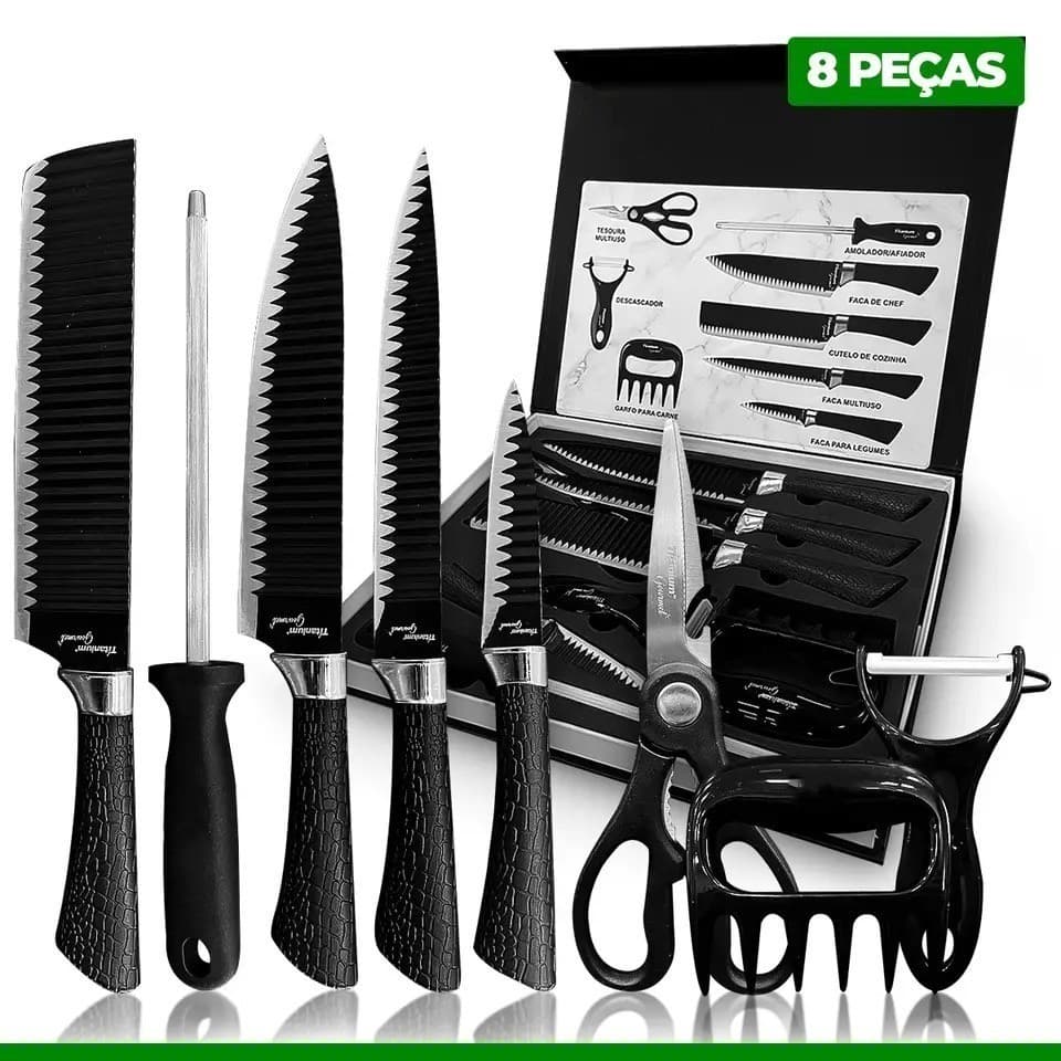 Kit Jogo De Faca Chef Profissional 8 Pçs Cozinha Churrasco Top