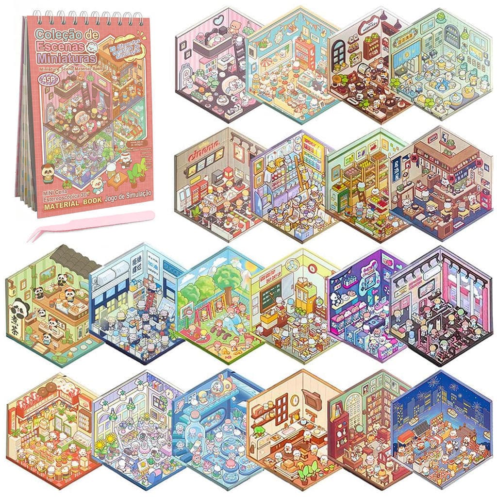 Caderno com Adesivos 3D Livro Cenários Kawaii DIY Scrapbooking Paisagismo Fofo