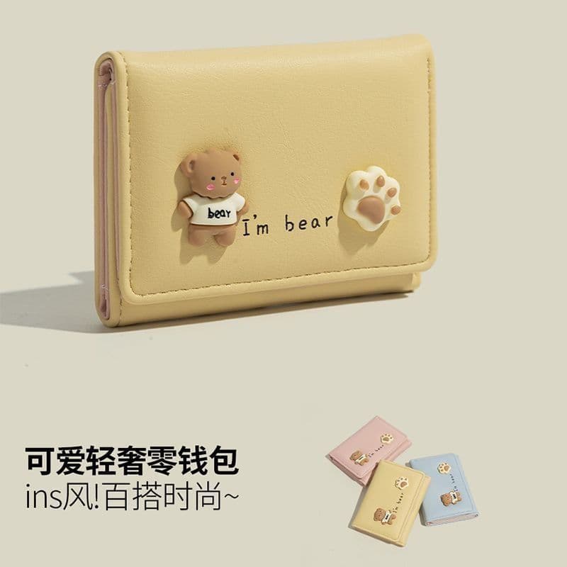 Carteira feminina simples e elegante com tema de urso, fofa, ultrafina, com múltiplos compartimentos para cartões, porta