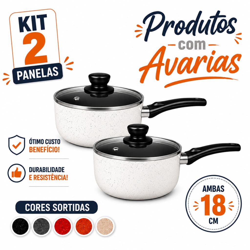 KIT 2 Panelas Antiaderente 18 Cm Teflon Pequenas Avarias- Cores Sortidas