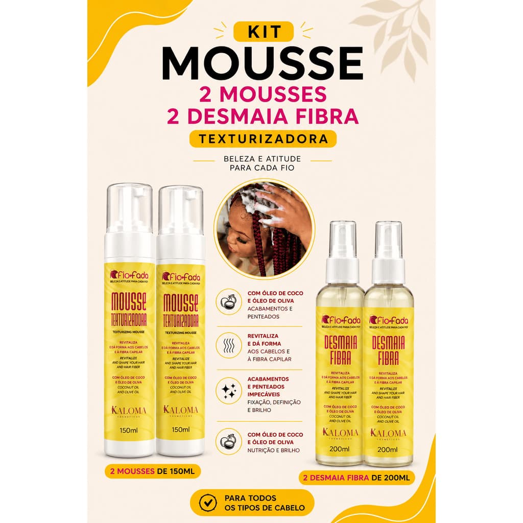 Kit Fio de Fada 2 Mousses Texturizador + 2 Desmaia Fibra Finalização Tranças Anti Frizz