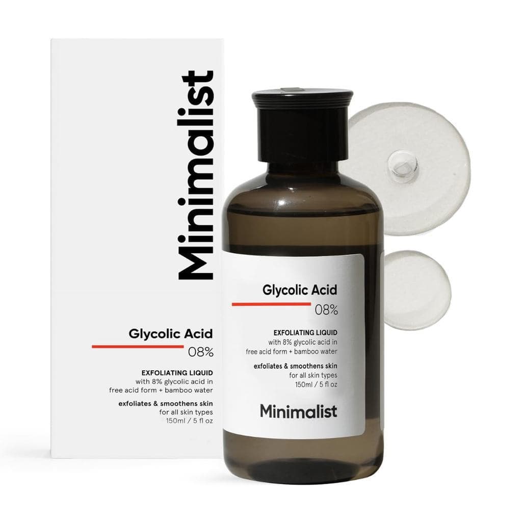 Tônico esfoliante minimalista, contendo 8% de ácido glicólico, para uma pele radiante. |     Tônico Esfoliante Multifunc