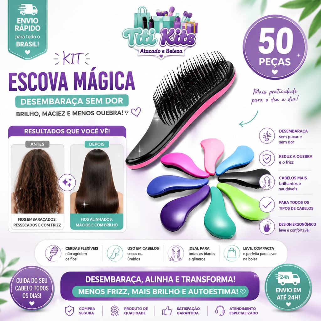 Kit 50 Escovas Mágicas para Desembaraçar Cabelos Sem Dor Anti Frizz Atacado Envio Rápido