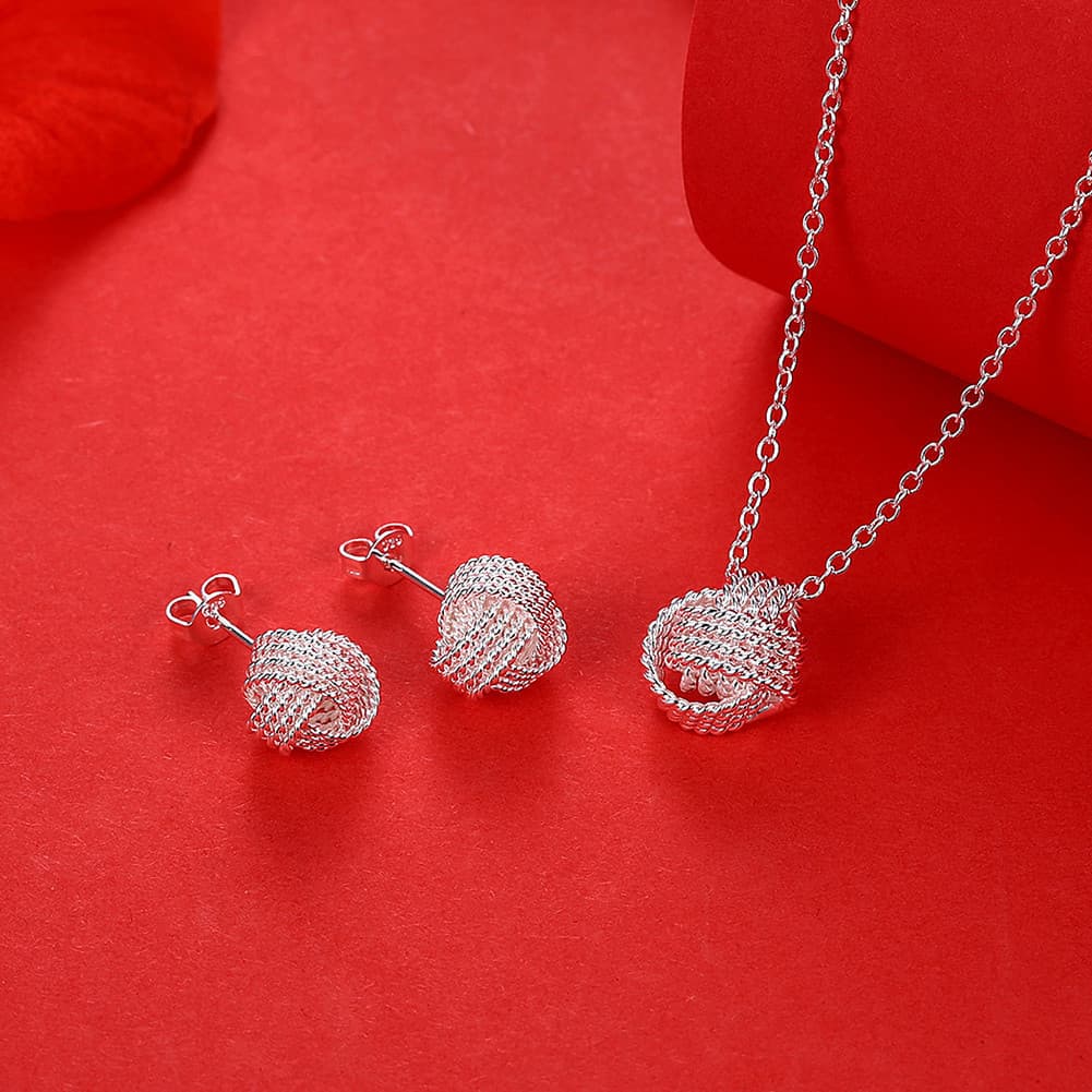 Conjunto de Joias Femininas em Prata 925, Colar de Bolas e Brincos, Acessórios de Moda PE43