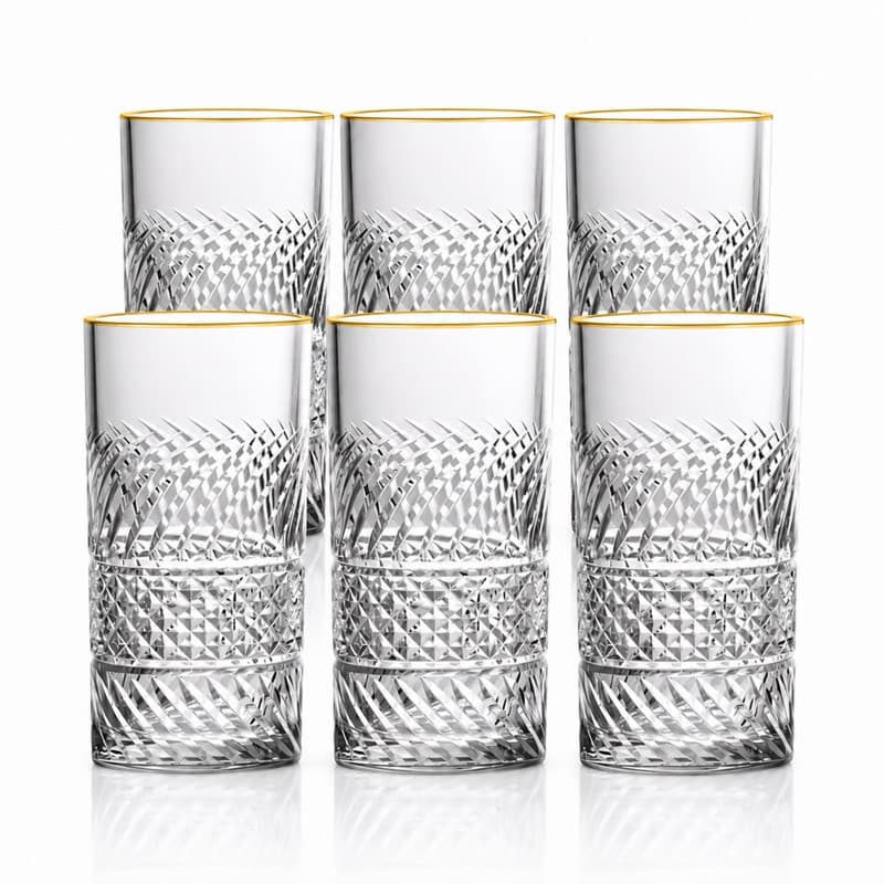 Jogo 6 Copo Alto Moderno Borda Dourada Long Drink de Vidro Filete Dourado Bolonha 390ml Mesa Posta