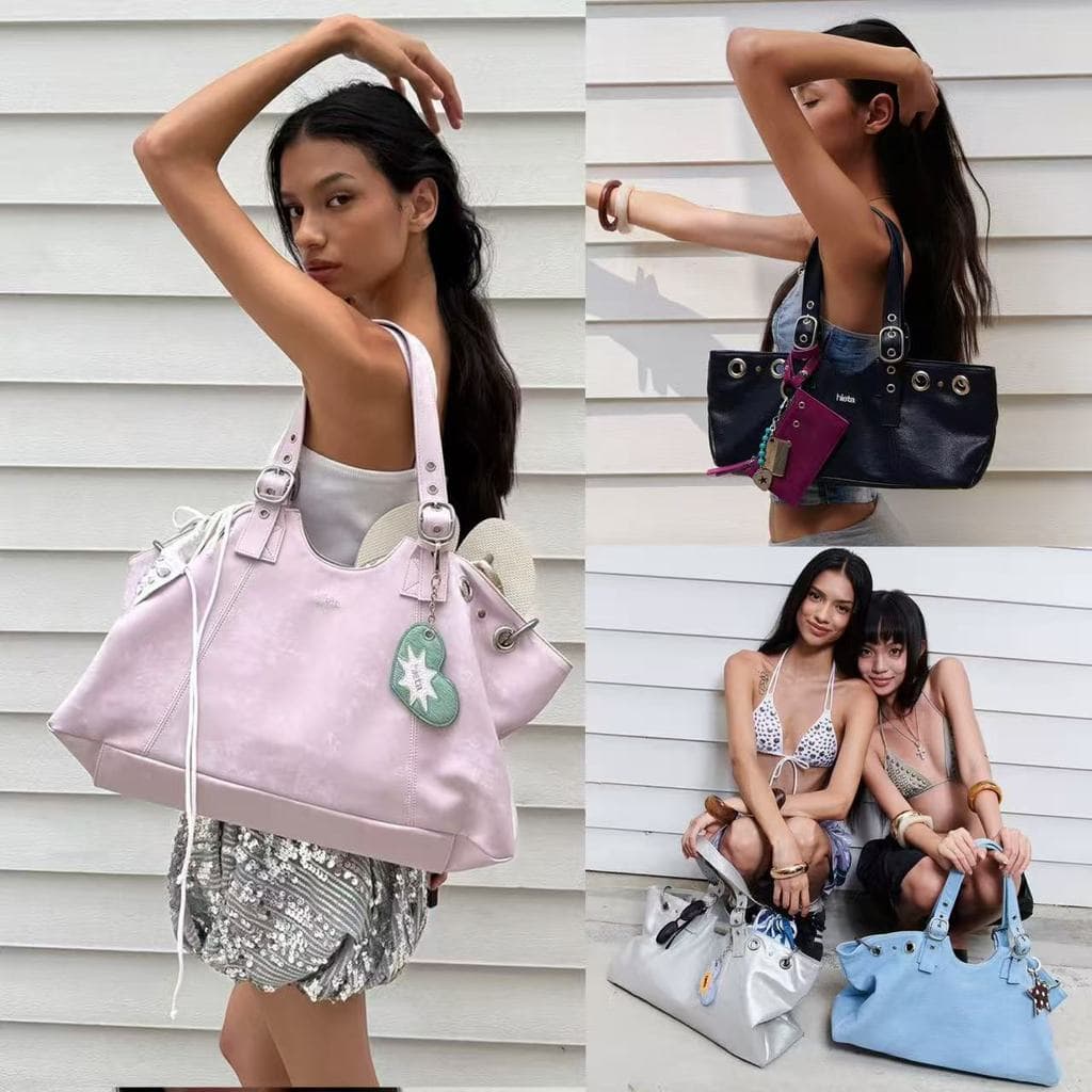 Coreano autêntico hieta novo estilo Denim saco rebite portátil bolsa de ombro grande capacidade axilas sacola bloqueio f