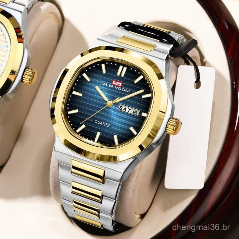 Relógio Masculino De Luxo Marca Superior Clássico Estilo Negócios Aço Inoxidável Duplo Calendário Movimento Quartzo Puls