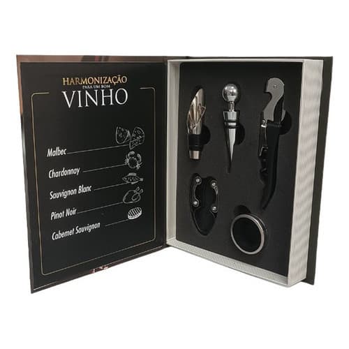 Kit Vinho Abridor Saca Rolhas Tampa Dosador Livro 05 Peças