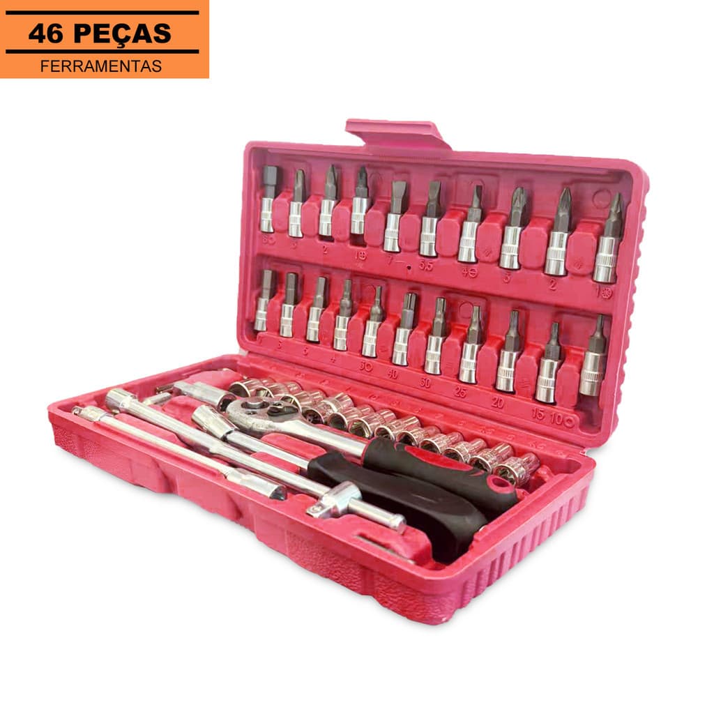 Kit De Ferramentas 46 Peças Jogo De Soquetes Chave Catraca Reversível Com Maleta Jogo De Ferramentas