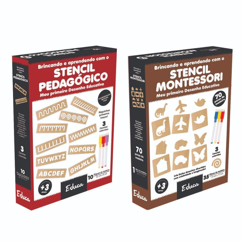 Kit 2 Stencils Educativos Infantil MDF Desenho Letras Alfabetização