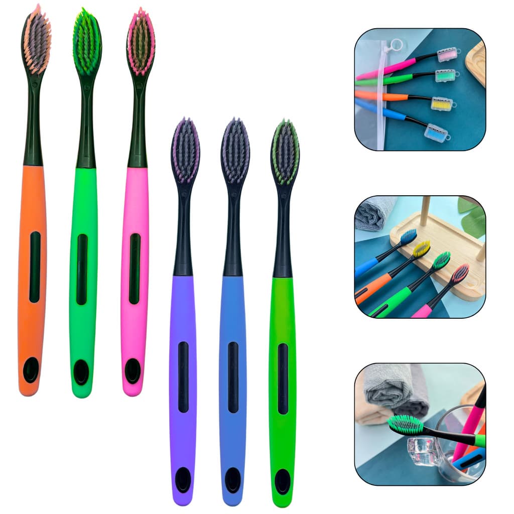 Kit 6 Escovas De Dente Adulto Macia Com Protetor De Cerdas E Limpador De Lingua