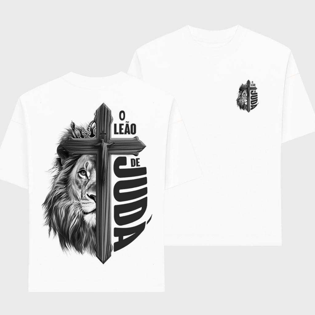 Camiseta T-shirt ou Oversized Feminina Estampa Cristã Com estampa de Jesus Cruz Fé Tecido Suave Com Leão