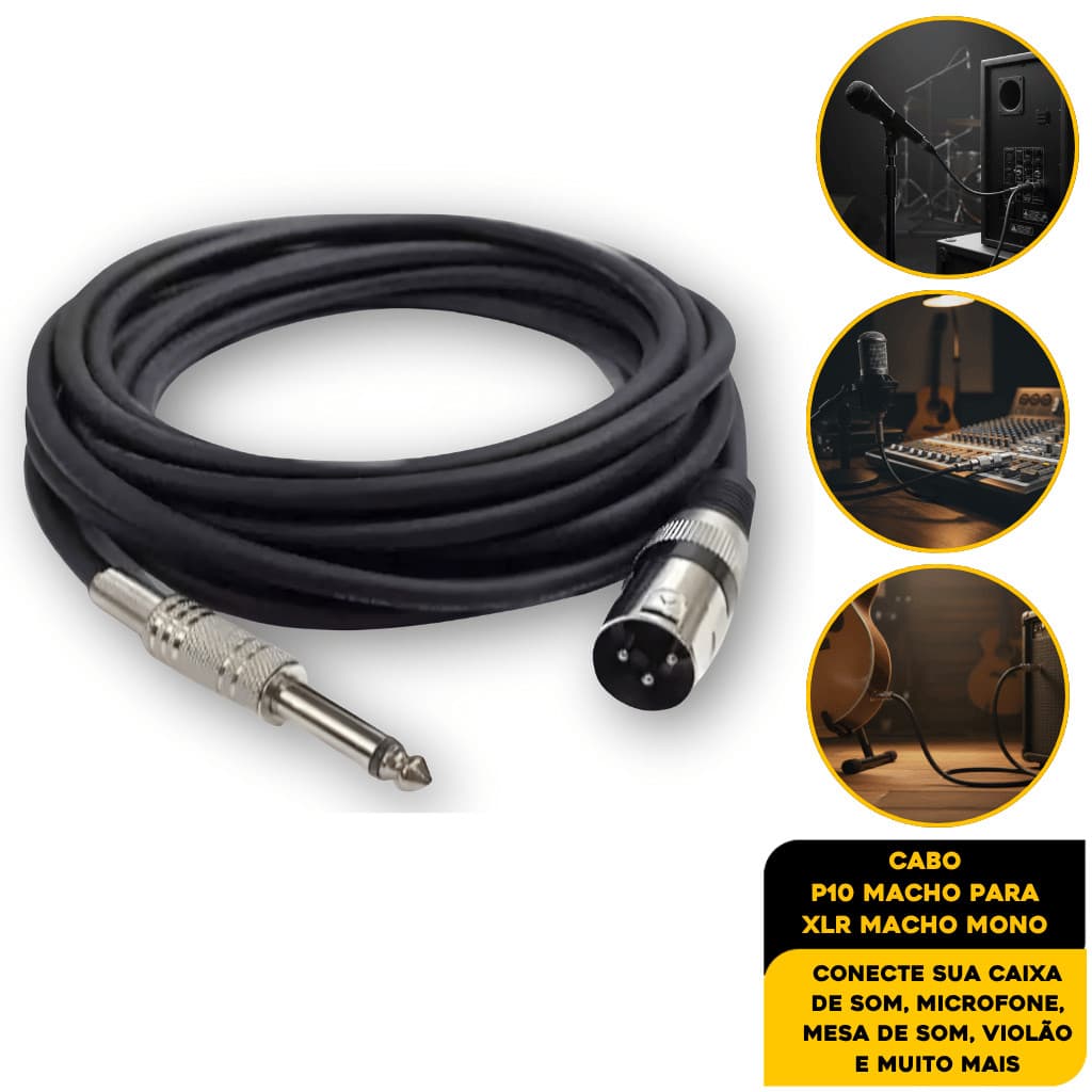 Cabo Mono XLR Macho para P10 Macho Mono Profissional 3 Metros Premium