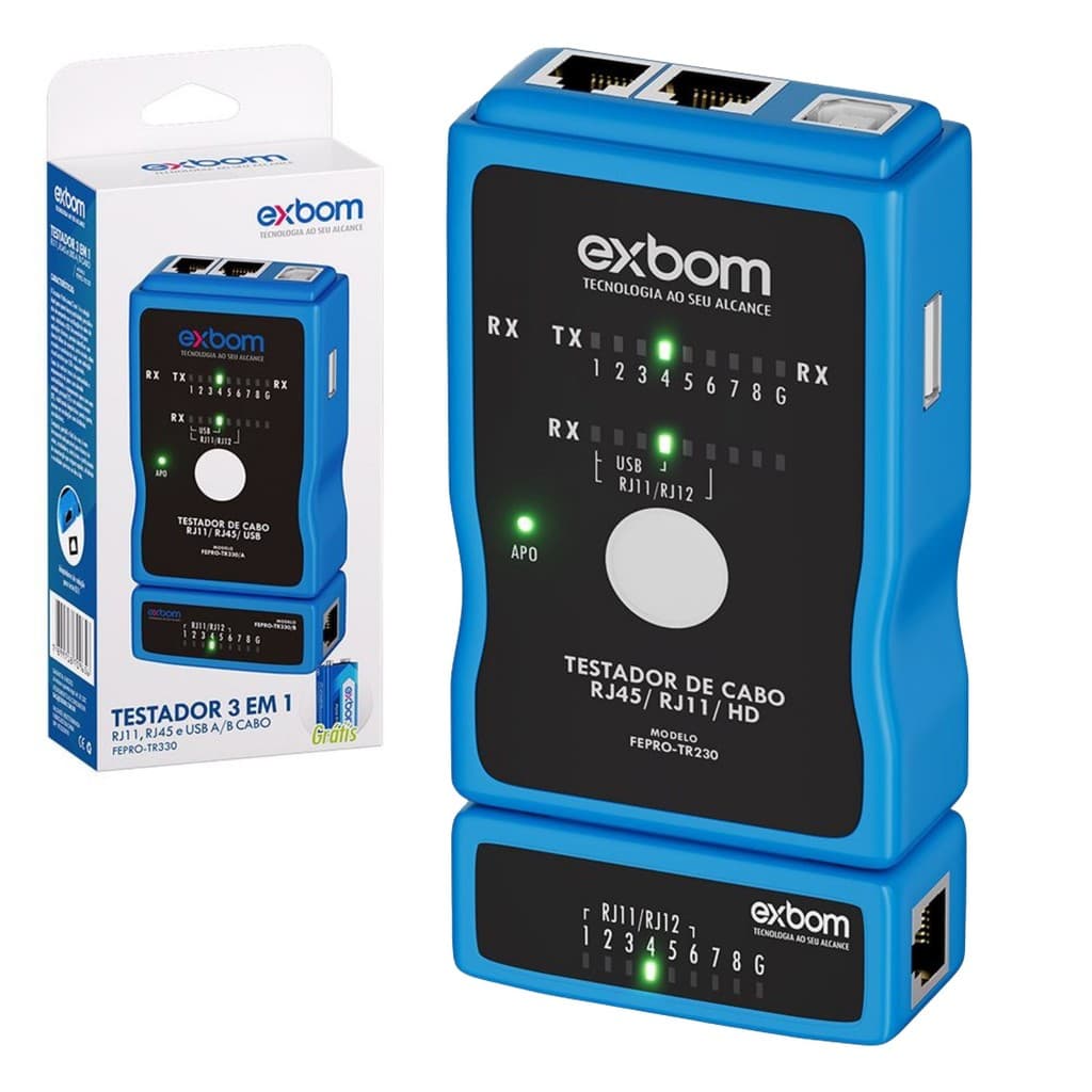 Testador De Cabo de Rede RJ45/11/12 E Cabo de Impressora Exbom FEPRO-TC330