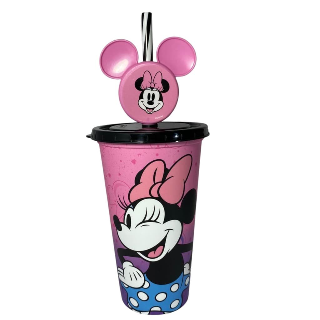 COPO REFRI COM TAMPA CANUDO PIN MINNIE 500ML PLASTICO AGUA SUCO