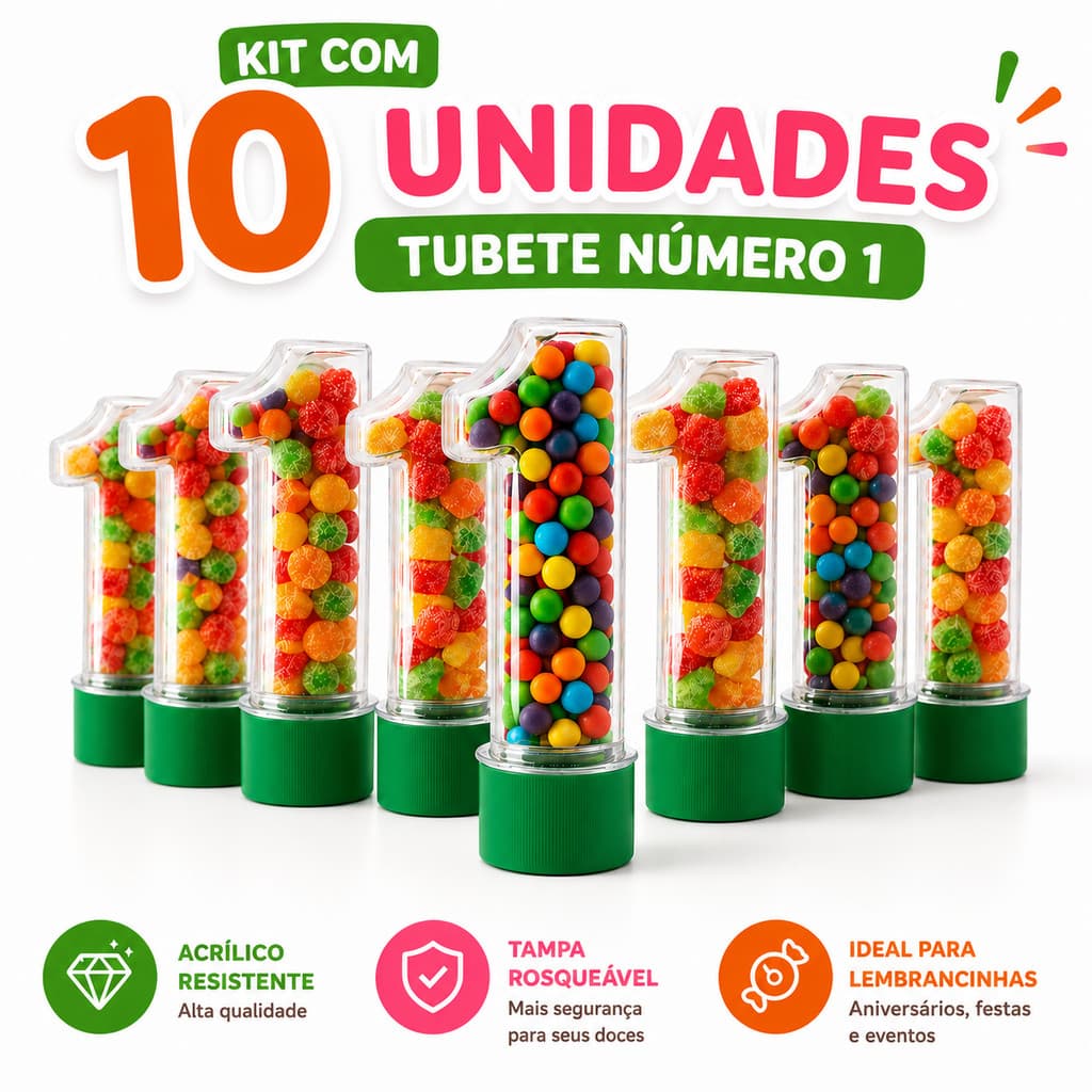 Kit com 10 Tubetes Número 1 Lembrancinha Festa Infantil 1 Ano Aniversário Decoração Formato N°1