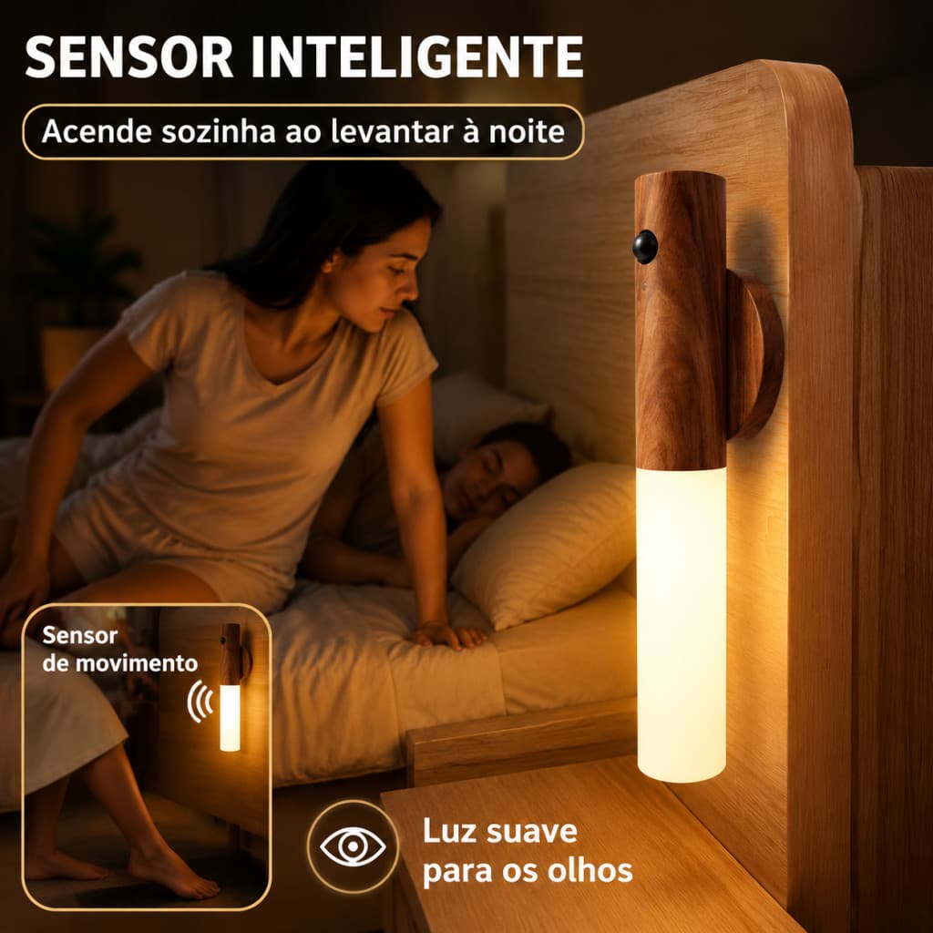 Kit 2/3/4 Luminaria Luz Led Recarregável Sensor de Movimento Arandela de Madeira Minimalist Mesa Parede Magnética