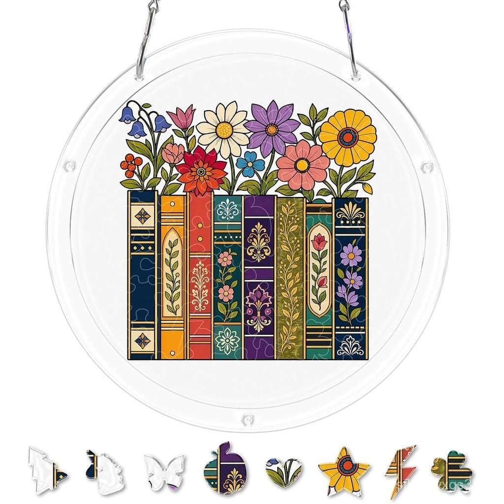 Quebra-cabeça de Acrílico para Pendurar na Janela, Quebra-cabeças Florais e de Livros para Artesanato DIY, Decoração de