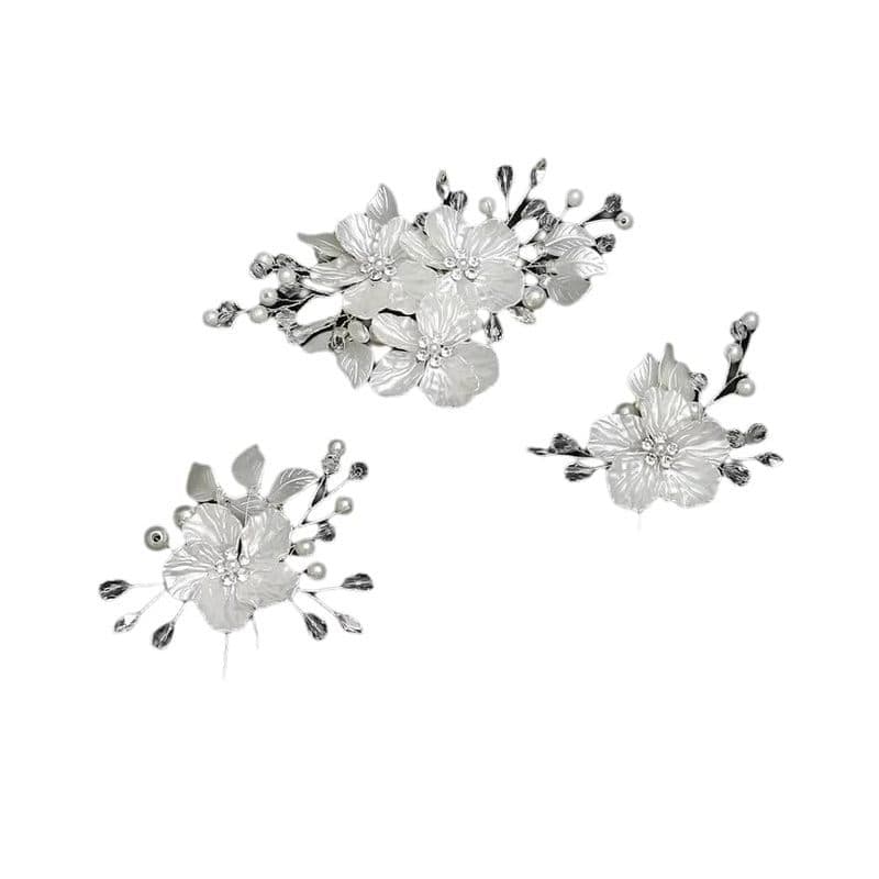 Conjunto De 3 Grampos De Cabelo De Noiva-Pérola Feitos À Mão Com Pétalas De Concha Branca , Flor Grande + Dois Clipes S