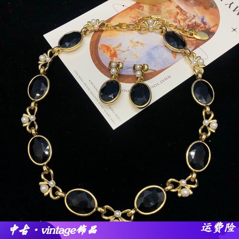 Retro vintage jóias Design Premium preto Gem arco pérola angustiado colar de ouro orelha Studs conjunto