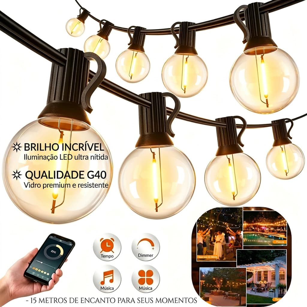 Varal De Luzes Led 15m/20m/30m Com Lâmpadas Controle Bluetooth G40 Decoração Jardins Terraços Bivolt