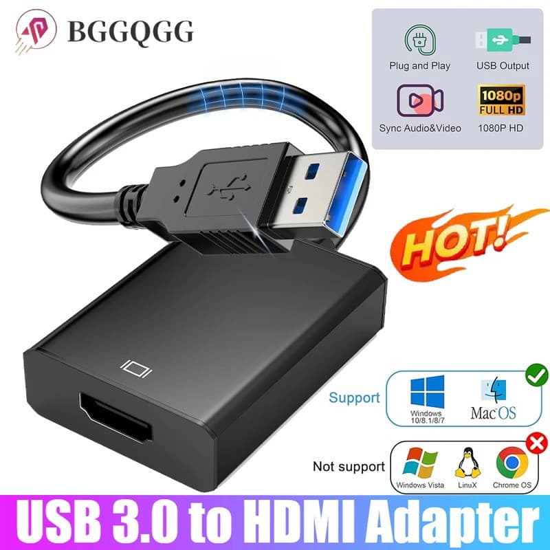 Adaptador USB 3.0 para HDMI 1080P, Conversor USB para HDMI, Cabo USB A HDMI, Adaptador de Áudio e Vídeo 60Hz para P